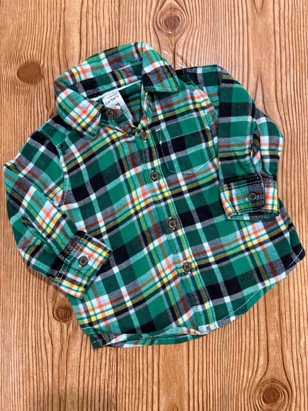 7/$20 Carter's Green Plaid Long Sleeve Button-Up Shirt 100% Cotton 6 Months